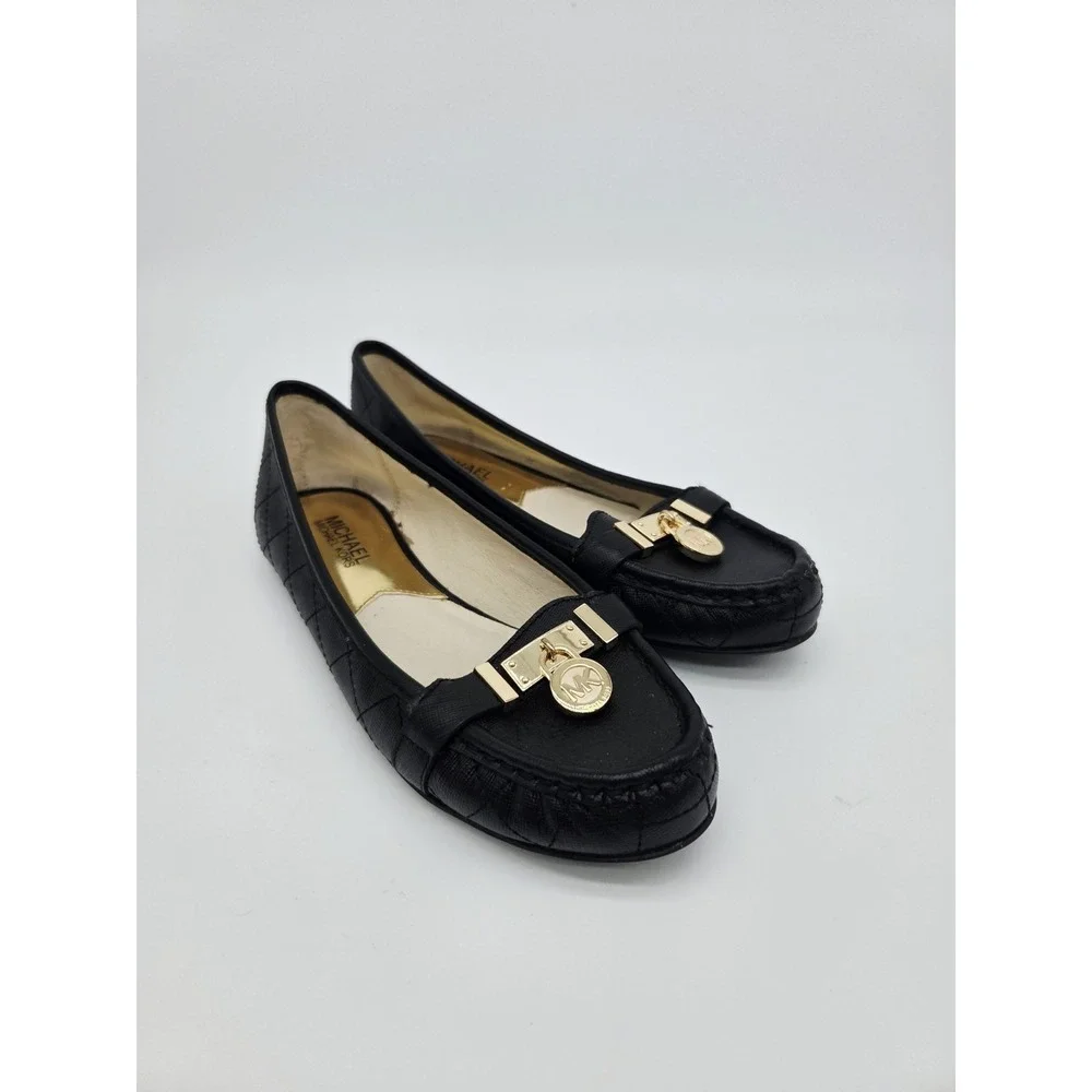 Michael Kors Womens Black Leather Classic Hamilton Flat Loafers Padlock Size 7.5
